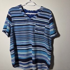 Easy Stretch Scrub Top Striped Blue Womens Size Large